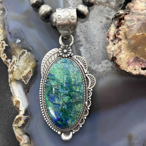 Sterling Southwestern Style Elongated Chrysocolla Decorated Pendant For Women